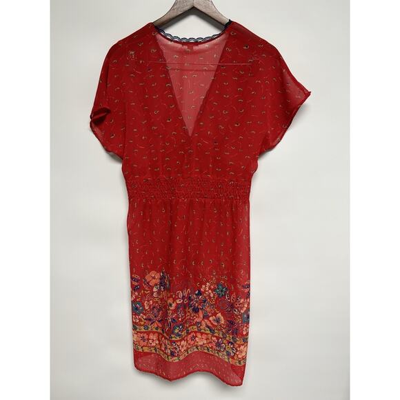 Y2K Kimchi & Blue Medium Babydoll Dress Womens Red Floral Sheer Boho Cottage - Picture 11 of 12